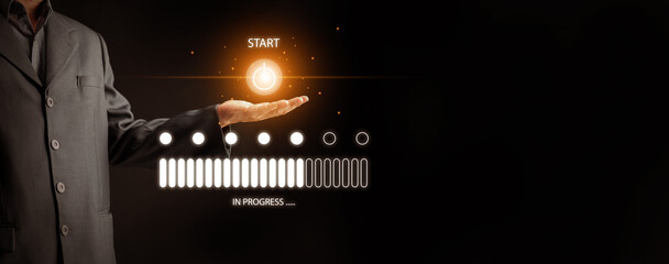 Start button in businessman hand with digital indicator bar in progress. Business launch, project management technology, task improvement, system startup, workflow initiation, productivity, execution.