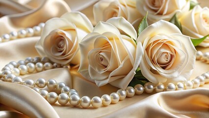 Elegant Cream Roses & Pearls on Luxurious Satin: Panoramic Stock Photo