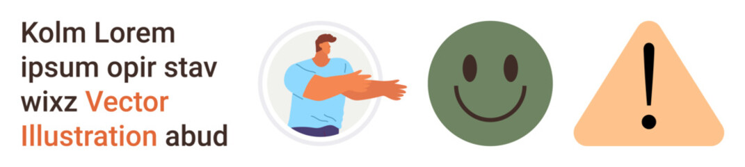 Fototapeta premium Communication, emotion, safety warning, digital art, graphic design, education. happy face, alert triangle and human figure gesture. Communication and emotion in this digital ion