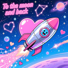 Cute Smiling Rocket Flying to the Moon with &ldquo;To the Moon and Back&rdquo; &ndash; Whimsical Space Love Illustration for Valentine&rsquo;s, Cards & Social Media