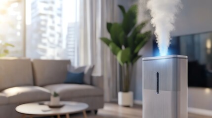 Modern air purifier with steam in bright room.
