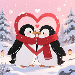 Cute Penguins Kissing Under Heart Frame in Snowy Winter &ndash; Romantic Valentine&rsquo;s Illustration for Cards, Social Media & Holiday Design