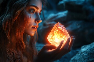 Mystical woman holds glowing crystal in darkness.