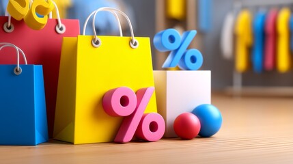 Colorful 3D Shopping Bags with Percentage Symbols and Balls in a Bright Atmosphere