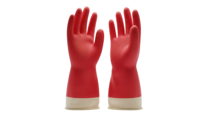 Pair of red rubber gloves isolated PNG on transparent background, protective gear for cleaning and dishwashing tasks