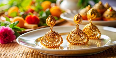 Naklejka premium Elegant Gold Earrings with Intricate Design on a Plate of Gourmet Food