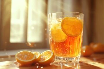 Refreshing citrus drink with lemon slices.