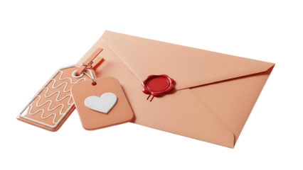 Pink envelope with red wax seal and heart shaped tags isolated on transparent background