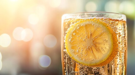 Refreshing drink with lemon slice in glass.