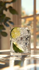 Refreshing drink with lime and ice cubes.