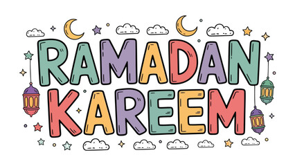 Ramadan Kareem: Vibrant and festive illustration with cheerful text, stars, moons, and lanterns. The image radiates a sense of joy and reflection, celebrating the holy month.