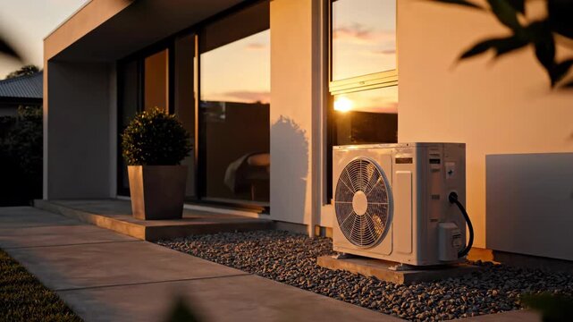 A white heat pump unit sits on gravel outside a modern house at sunset, with warm light reflecting on the glass window and green shrubbery framing the scene.