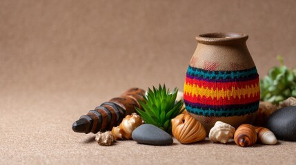 Vibrant Tribal Ceremonial Pot with Shells and Stones on Natural Background