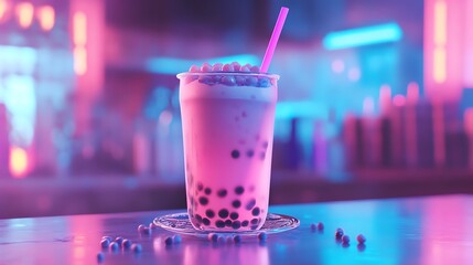 Vibrant bubble tea in a glowing setting.