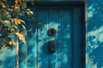 Vibrant blue door framed by green leaves.