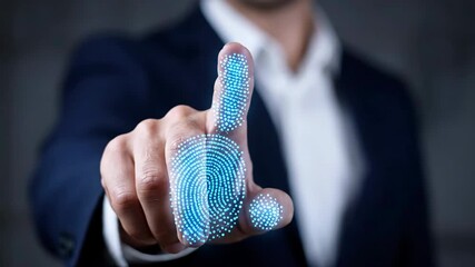 A man's index finger displays a digital fingerprint scan, emphasizing security and identity verification, set against a dark gray backdrop. - Powered by Adobe