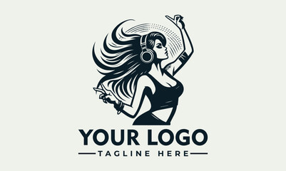 Vector logo design featuring a woman wearing headphones and dancing with flowing hair, incorporating a customizable logo and tagline in a modern graphic style.