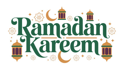 Ramadan Kareem: A festive and elegant design showcasing a heartwarming Ramadan greeting. Featuring a stylized crescent moon, ornate lanterns and star patterns. 