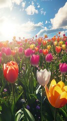 Vibrant tulip garden under sunny sky.