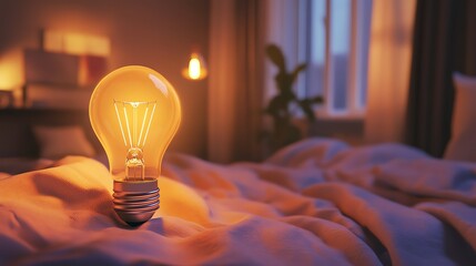 Warm light bulb illuminating a cozy bedroom scene.