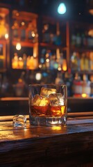 Whiskey glass filled with ice and amber liquid