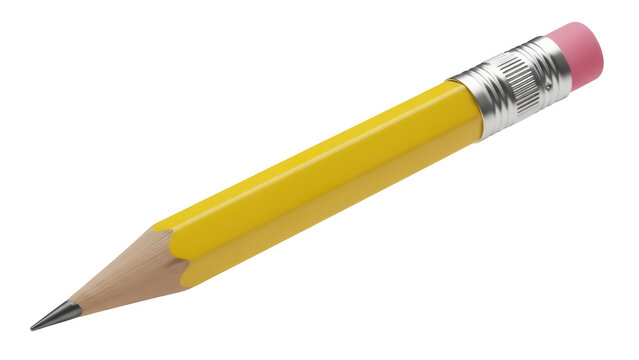 Yellow pencil with eraser PNG isolated on transparent background, writing instrument for drawing, sketching and note taking