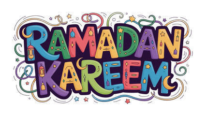 Ramadan Kareem Illustration: Colorful illustration celebrating the holy month of Ramadan with vibrant lettering, stars and crescent moon, designed to evoke a sense of spirituality, joy and community.