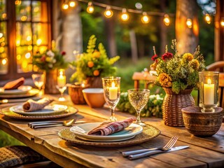 Elegant Rustic Table Setting for Five:  Rustic Chic Dinner Party Decor
