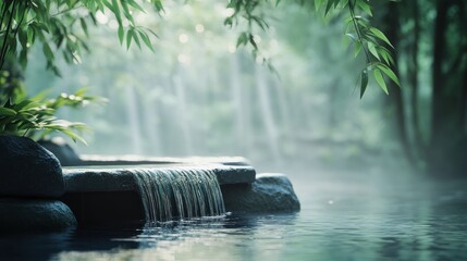 Tranquil outdoor hot spring, waterfall, lush bamboo forest