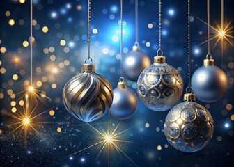 Elegant Silver & Gold Christmas Ornaments on Dark Blue Background - Festive Holiday Decor