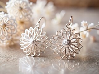 Elegant Silver Floral Earrings: Minimalist Jewelry Display Stock Photo