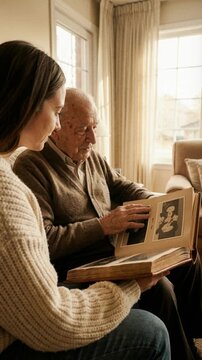 Vertical video of a grandfather and granddaughter looking at an old photo album at home. Senior man pointing at pictures while reminiscing. Intergenerational family bonding and nostalgia concept