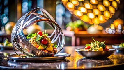 Elegant Steel Sculpture with Gourmet Food Photography