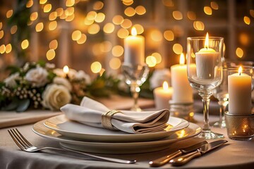 Elegant Table Setting with Silverware, Candles, and Fine Linens for Romantic Dinner