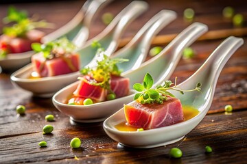 Elegant Tuna Tataki Tapas: Yuzu Kosho & Microgreens on Ceramic Spoons