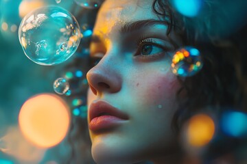 Young woman with bubbles in a dreamy atmosphere.