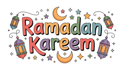 Fototapeta premium Ramadan Kareem: A vibrant illustration of Ramadan Kareem, features cheerful text and charming decorations, conveys a message of peace and celebration.