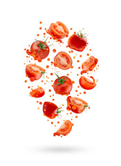 Delicious ripe red tomato slices, droplets, flows of fresh tomato juice float in mid-air as motion swirl, isolated. Excellent for design menu, vitamin food, vegetable juice label, poster, advertising.