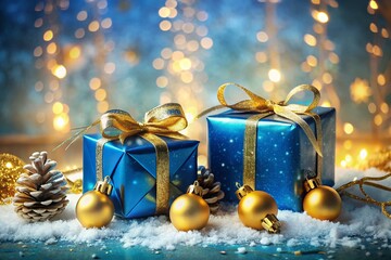 Elegant Winter Holiday Gifts: Blue Presents with Golden Ribbons & Baubles in Snowy Scene