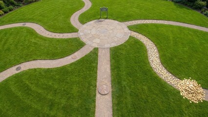 Green garden path diverging from a central circular paved area, showing different paths including one leading to a large pile of golden coins representing financial growth and a successful future
