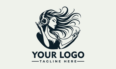 Vector logo design featuring a stylized woman with flowing hair and a placeholder text for a company logo and tagline in a simple, modern style with a minimalist background.