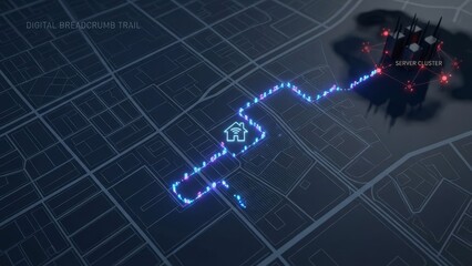 Digital breadcrumb trail illustrating data flow from a smart home device to a server cluster, visualizing concepts of location tracking, cybersecurity, and privacy concerns in a networked world