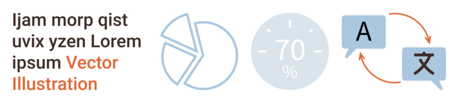 Data visualization, language services, app UI design, progress tracking, global communication, digital tools. Pie chart, percentage dial and language exchange icons. Data visualization and language