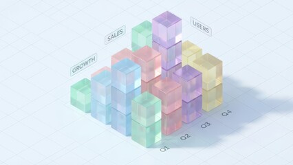 Isometric bar chart presenting sales, growth, and user statistics across four quarters, visualizing financial performance and data analysis with colorful transparent blocks