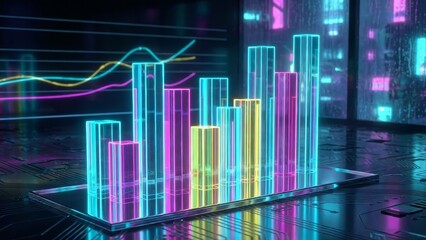 Glowing neon bar chart columns visualizing financial information and business growth in a vibrant, futuristic cyberpunk city with flying vehicles and digital interfaces