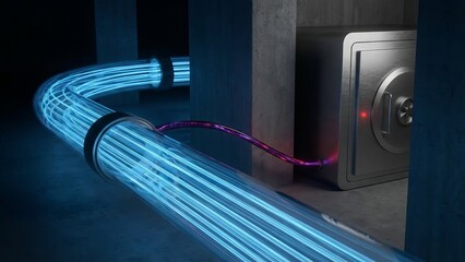 Digital data streams through a transparent fiber optic conduit into a secure vault, symbolizing encrypted network communication, cybersecurity, data protection, and safe storage