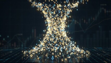Abstract hourglass of digital currency symbols and glowing data points over a grid with blurred charts, portraying real-time trading activity and global market trends