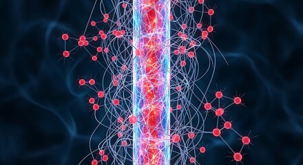 Microscopic view of neural network fibers and red glowing nodes representing data transmission and brain signals