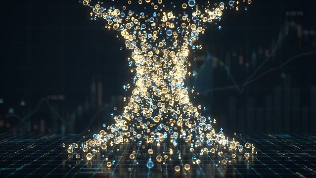Abstract hourglass of digital currency symbols and glowing data points over a grid with blurred charts, portraying real-time trading activity and global market trends - Powered by Adobe