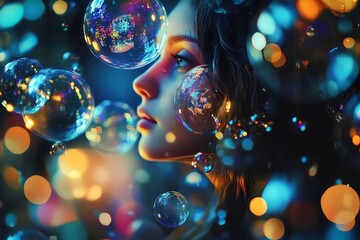 Contemplative woman surrounded by colorful bubbles.